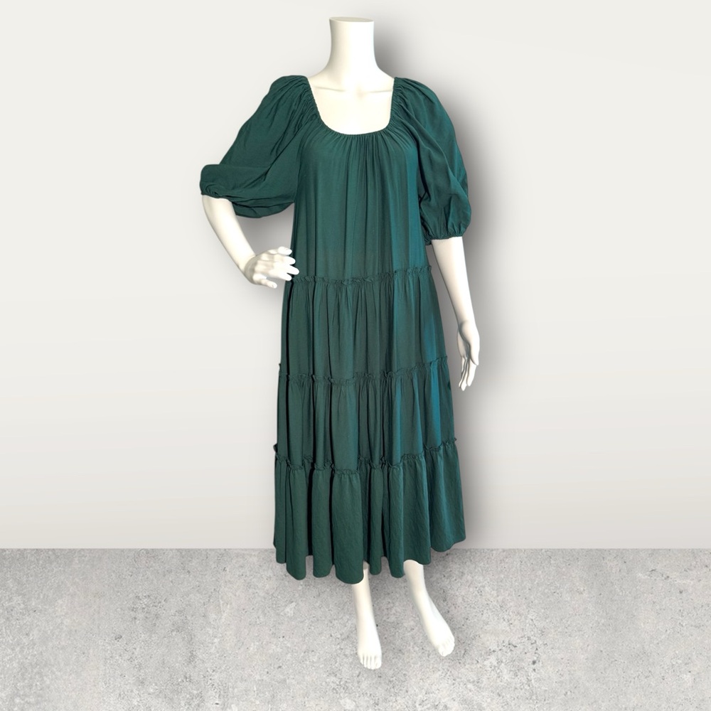 Green Tiered Midi Dress with Bishop Sleeves